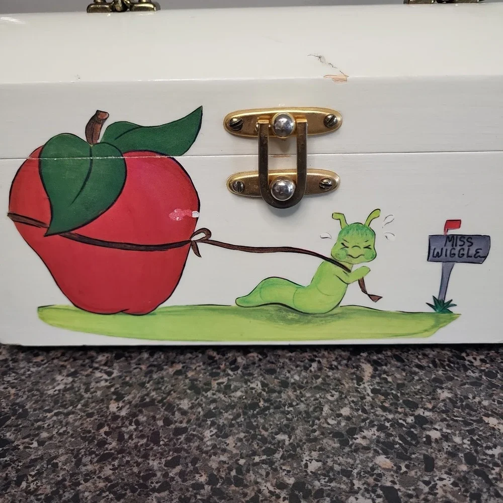 VINTAGE Hand Painted Wooden Purse Box Whimsical Caterpillar Apple Folk Art